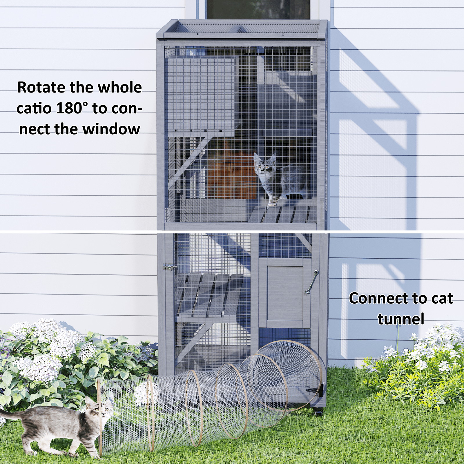 TIMHAKA Outdoor Cat Catio Enclosure, 4 Tiers Indoor Catio w/ Wheels, Resting Box, Waterproof Roof, Gray