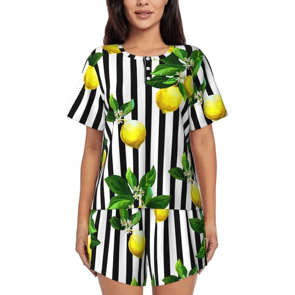 Picia Lemons on Striped Pajamas Sets for Women Soft Short-Sleeved Pjs with Lounge Shorts Two Piece Sleepwear-Small