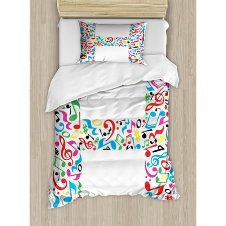 Letter Writing Set - Letter H Duvet Cover Set, Communication Tool Writing Language Element H Designed in Musical Notes Print, Decorative Bedding Set with Pillow Shams, Multicolor, by Ambesonne