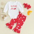 thumbnail image 3 of Musuos Baby Girls Autumn Outfit Sets 3 6 12 18M White Long Sleeve Letter Print Romper + Heart Print Flared Pants + Headband, 3 of 9