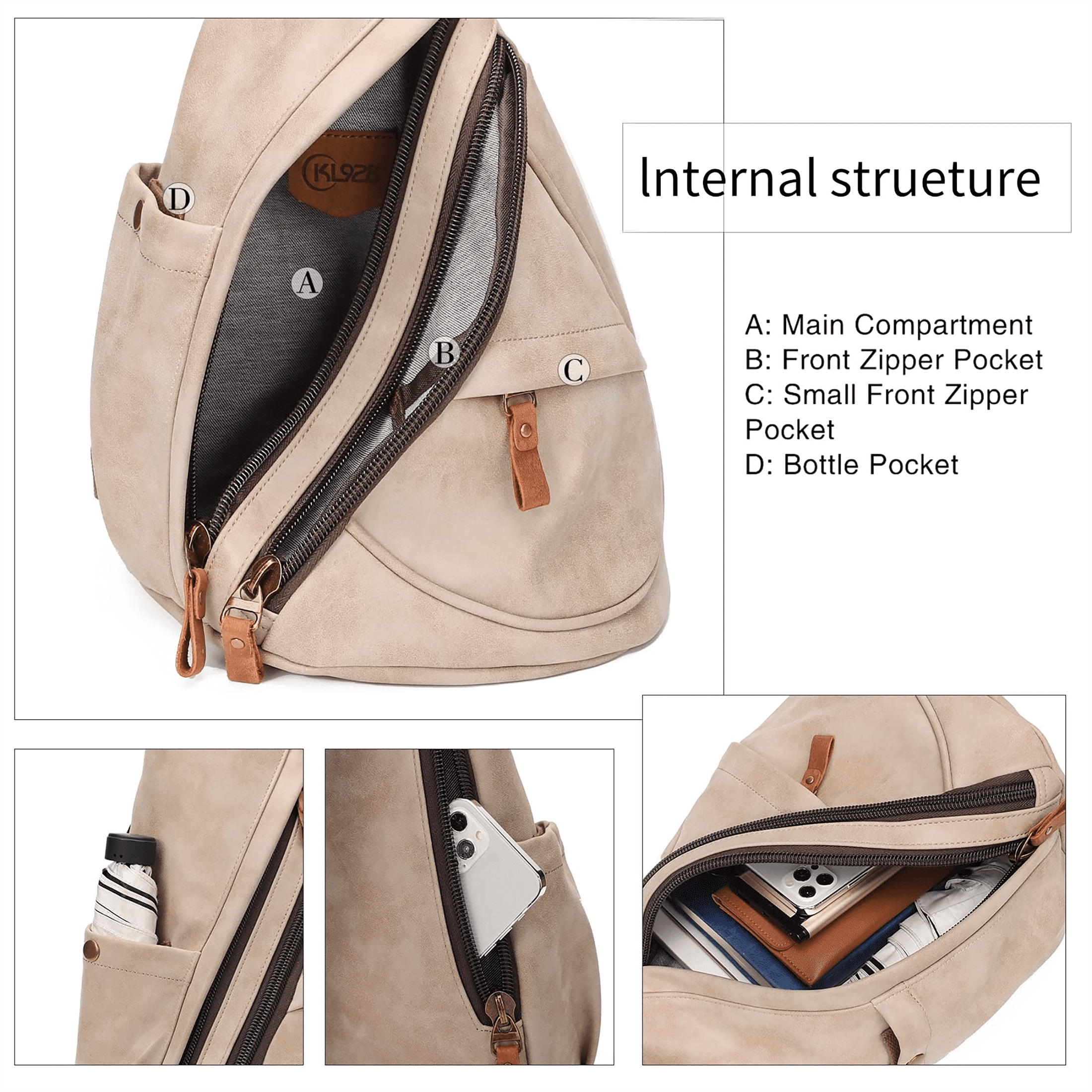KL928 PU Leather Sling Bag Small Crossbody Backpack Shoulder Casual Daypack Rucksack for Men Women (Khaki)