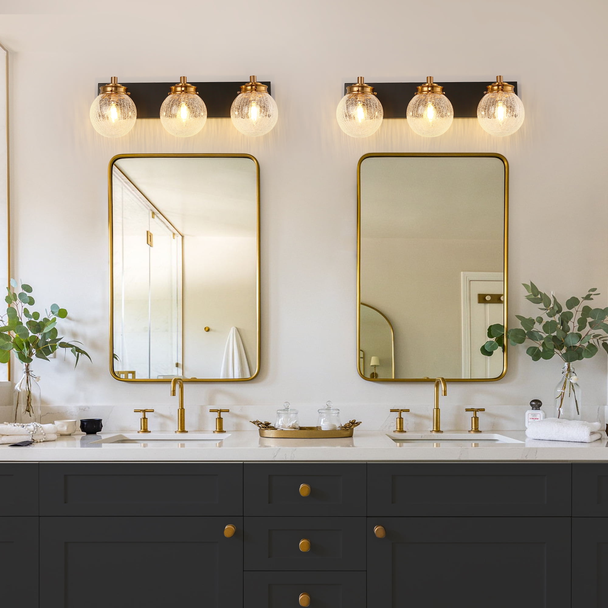 Bathroom Light Fixtures, Briignite 3-Light Vanity Light with Globe Glass Shades, Industrial Wall Sconces for Bathroom, Black and Gold
