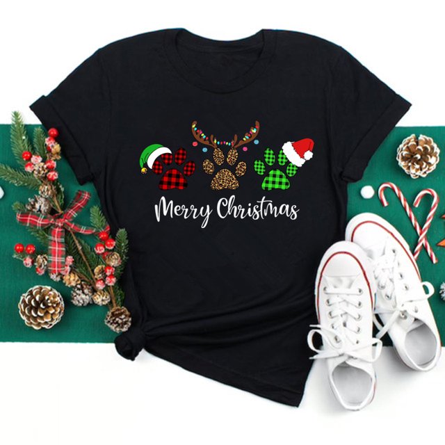 Ropa de Navidad divertida para mujer, camisetas con estampado de Papá Noel, Tops casuales negros para mujer, Tops de fiesta de navidad
