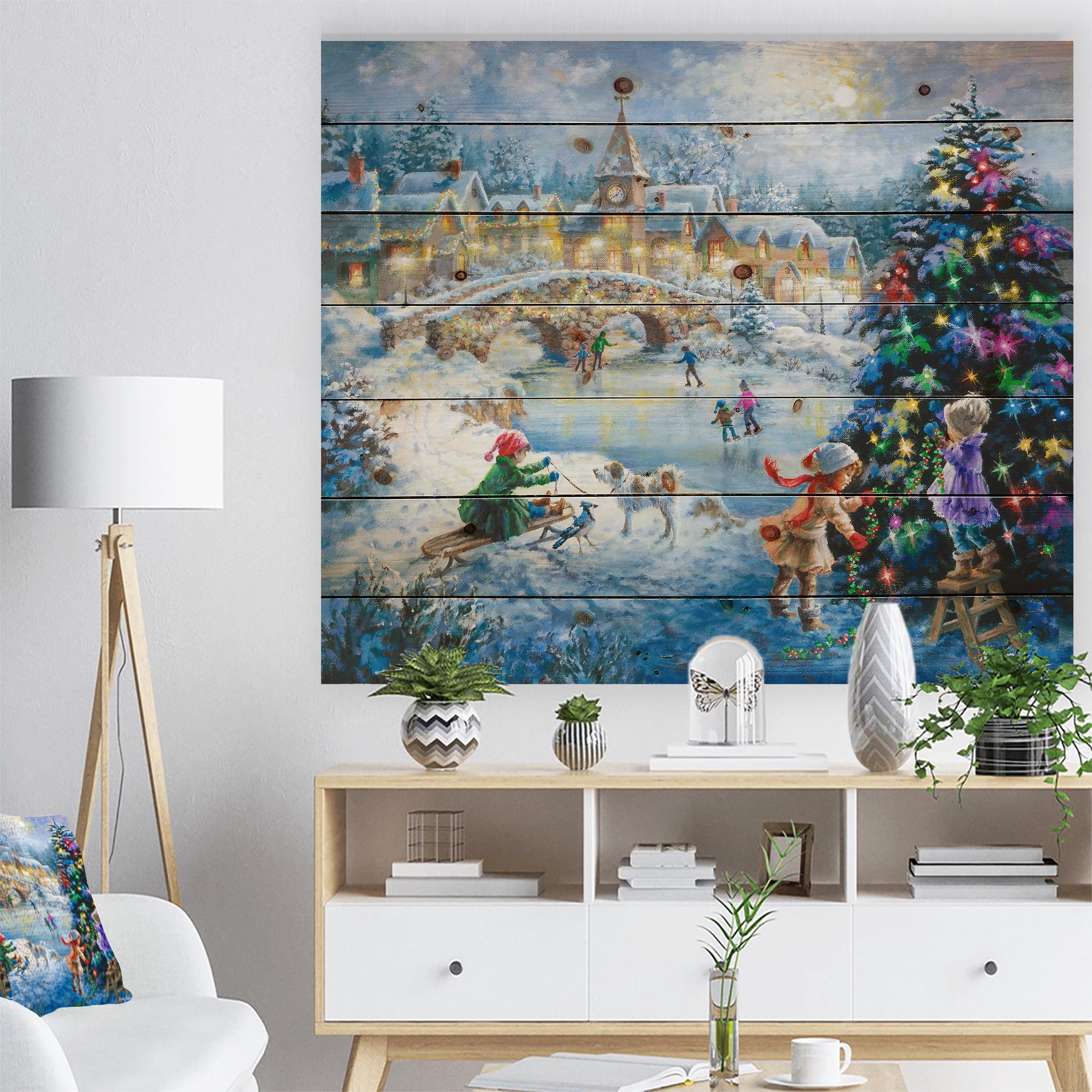 Designart 'Christmas tree decorating sledding children ' Print on Natural Pine Wood