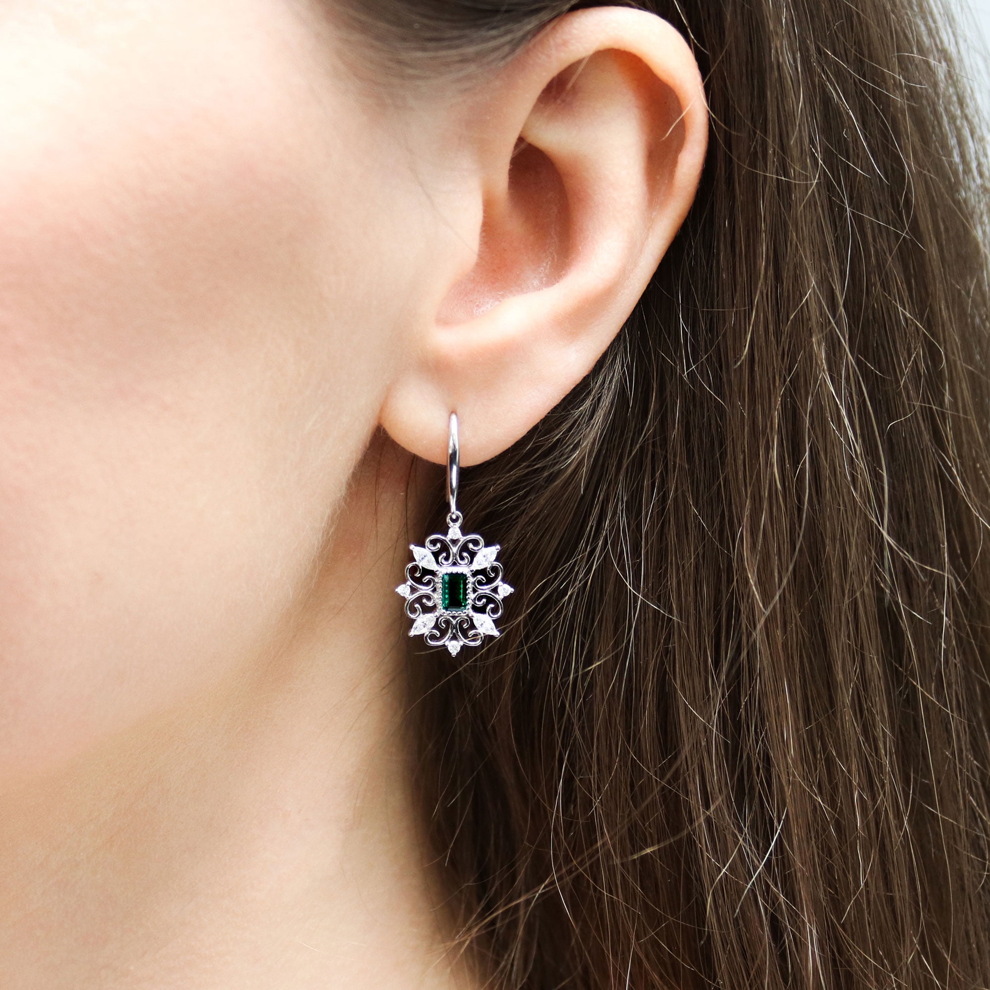 BERRICLE Sterling Silver Vintage Inspired Art Deco Green Cubic Zirconia CZ Filigree Fish Hook Dangle Drop Earrings for Women, Rhodium Plated