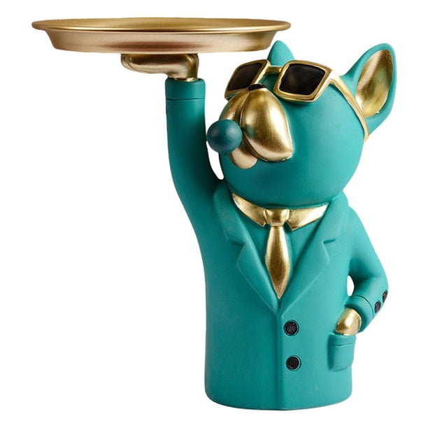 Bulldog de resina con bandeja para guardar llaves, pendientes, alcancía, soporte para aperitivos Verde