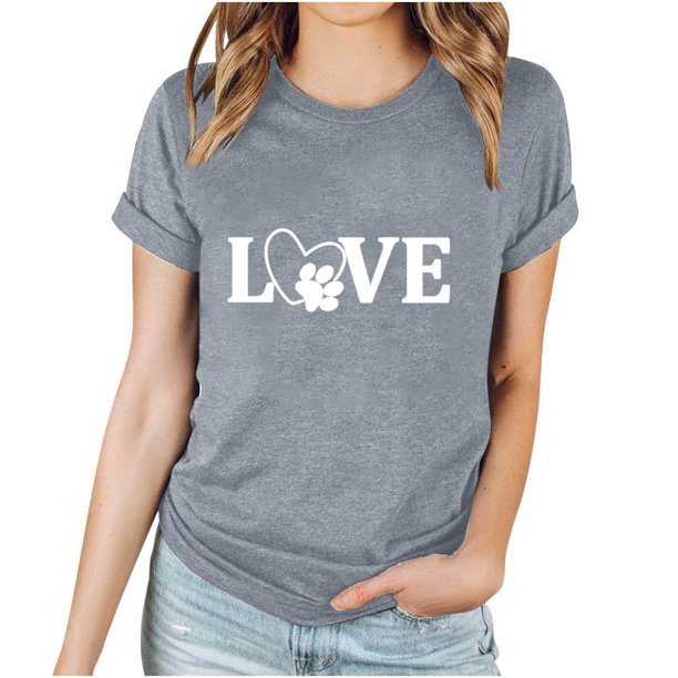 Puntoco Camiseta informal de manga corta con cuello redondo y estampado a la moda para mujer