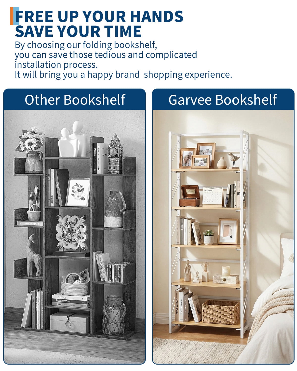 No-Assembly Bookcase,5-Tier Folding Bookshelf, Vintage Storage Shelves,Standing Racks Display Organizer for Home,Office