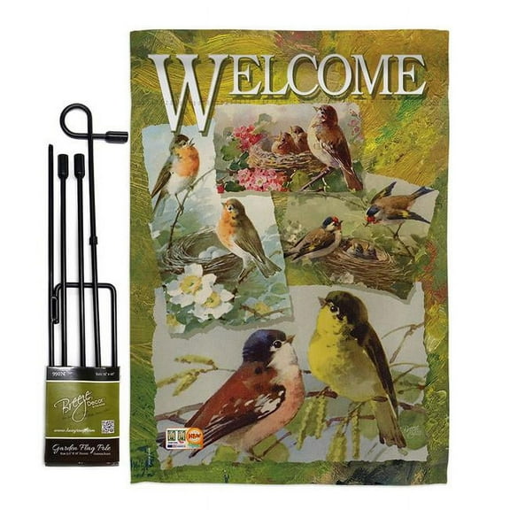 Breeze Decor BD-BI-GS-105039-IP-BO-D-US12-AM 13 x 18.5 in. Bird Collage Garden Friends Birds Impressions Decorative Vertical Double Sided Flag Set with Banner Pole