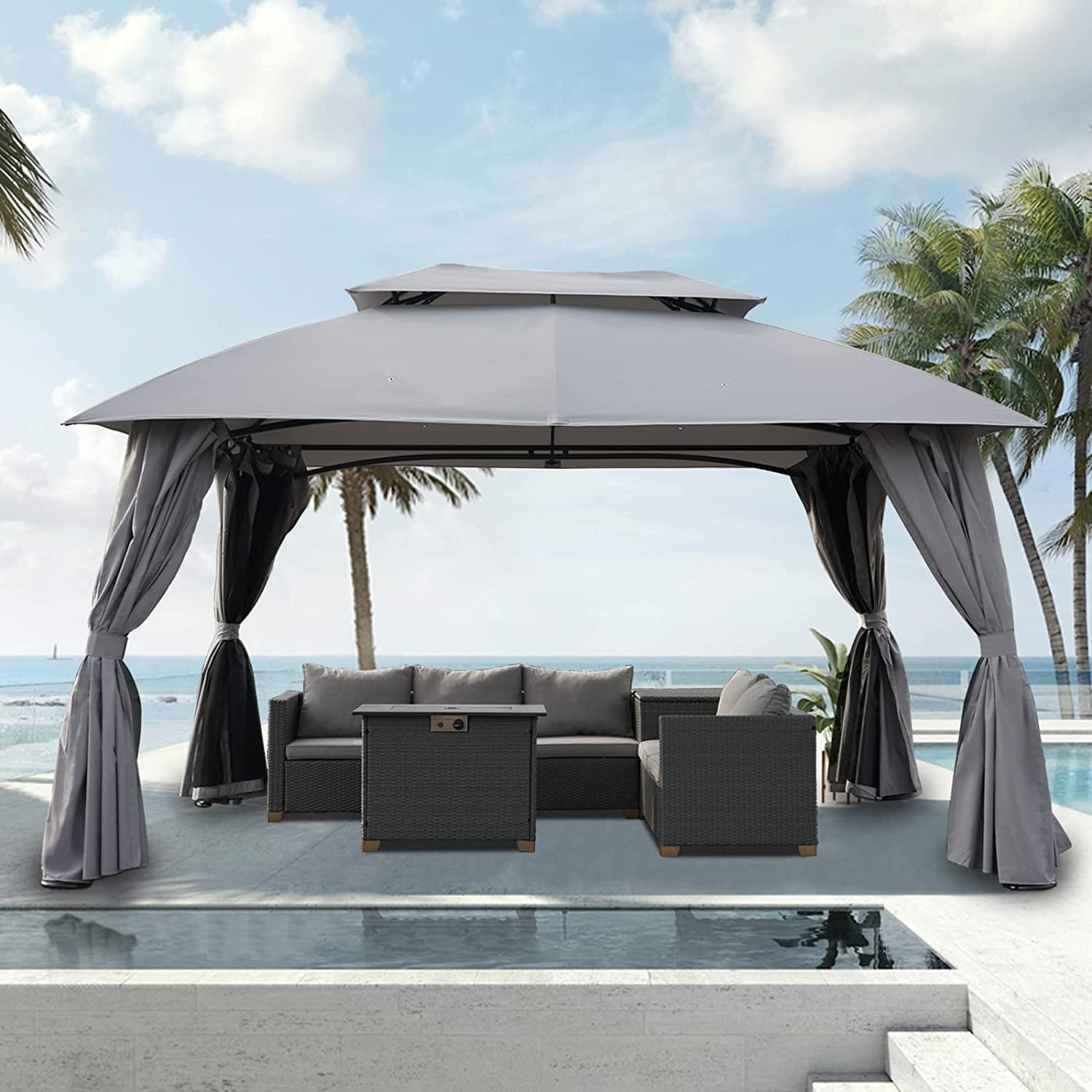 Grand Patio 10x13 Gazebo Double Soft Top Canopy with Curtains and