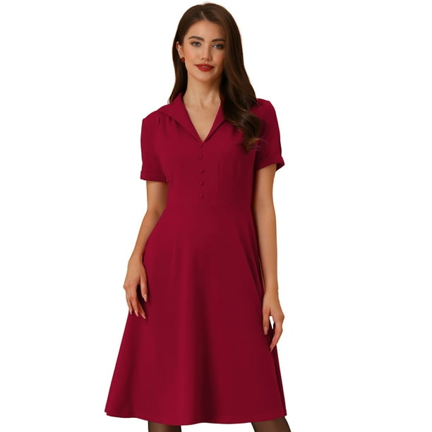 Vestido estilo swing retro vintage Allegra K manga corta cuello en V botones años 50 Rojo L