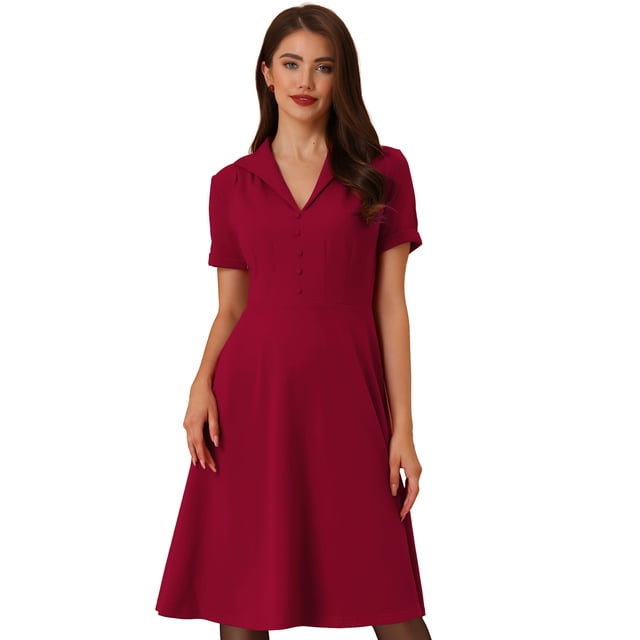 Vestido retro vintage Allegra K de manga corta con cuello en V y botones Rojo XL