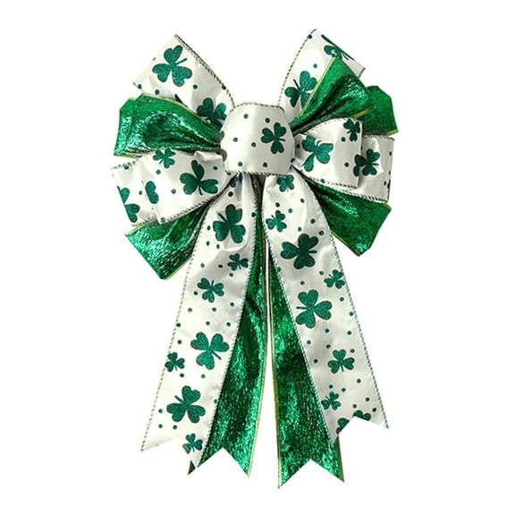 Dserhfy St. Patrick's Day Bow Large White Green Glitter Shamrock Bow Irish Holiday Decor Ribbon Bow Knot for Wreath Tree Topper Front Door