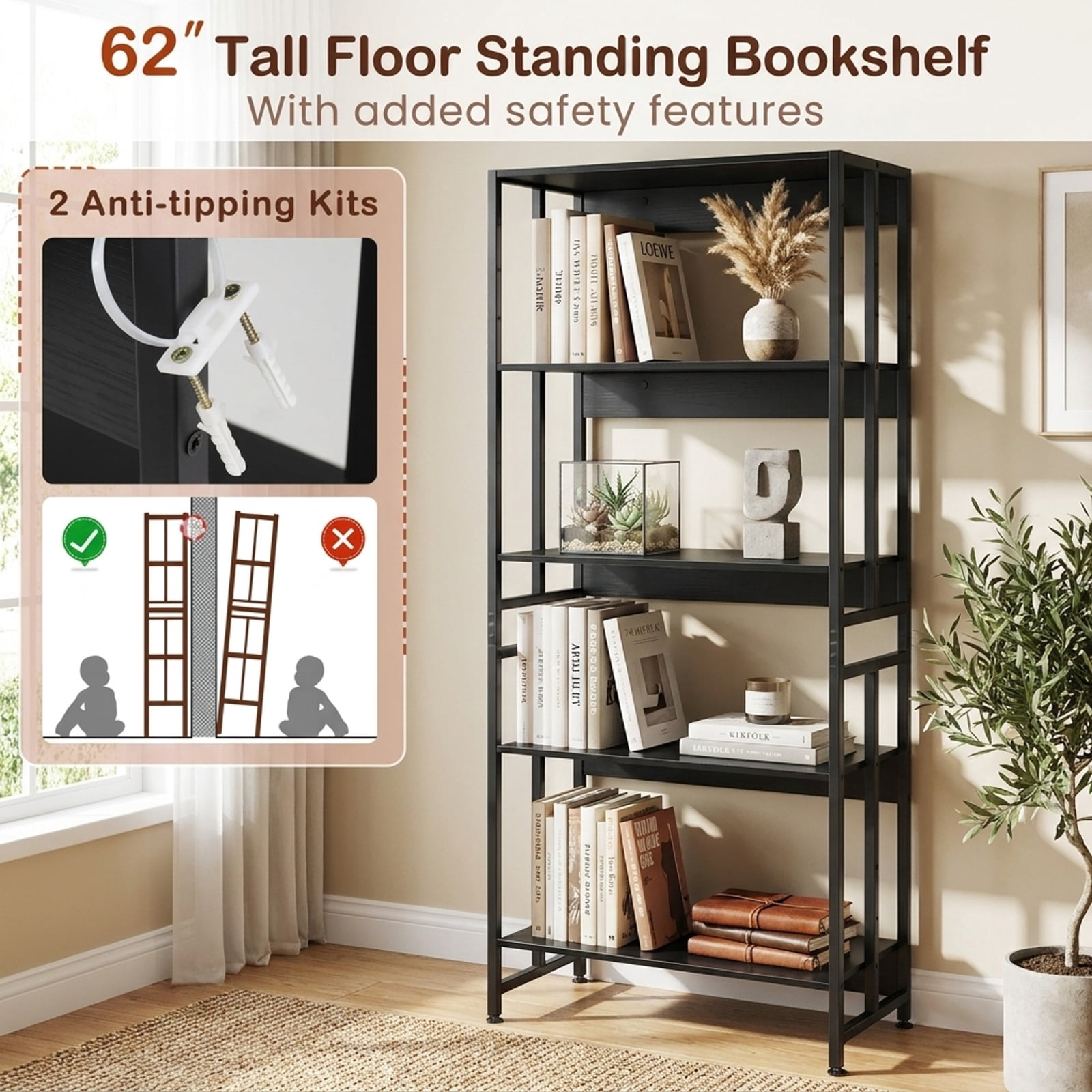 Furnibear 5-Tier Bookshelf with Adjustable and Tiltable Shelves for Living Room Home Office Bedroom Display Storage Shelf, Black