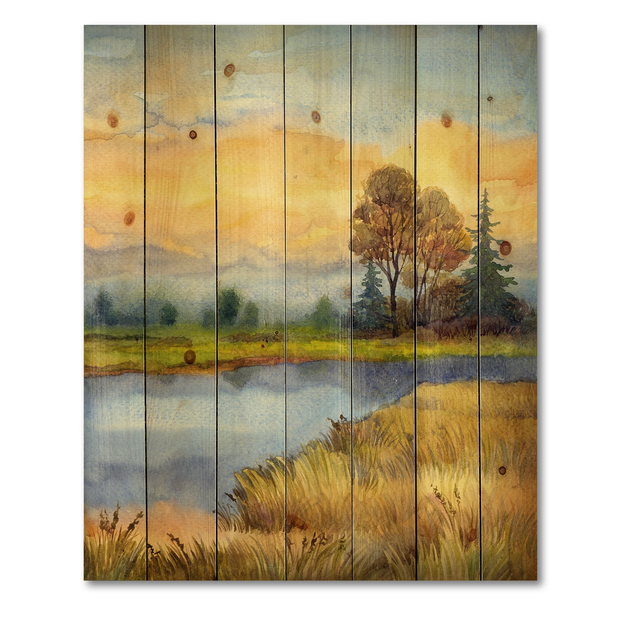 Designart 'The Awakening of Nature Over Meadows' Lake House Print on Natural Pine Wood