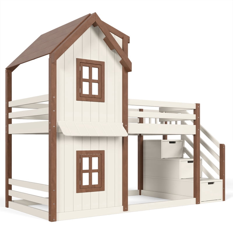 Twin-Over-Twin Kids House Bed Frame with Storage Stairs & Bottom Floor Bed, Playhouse Bunk Bed with Roof & Window