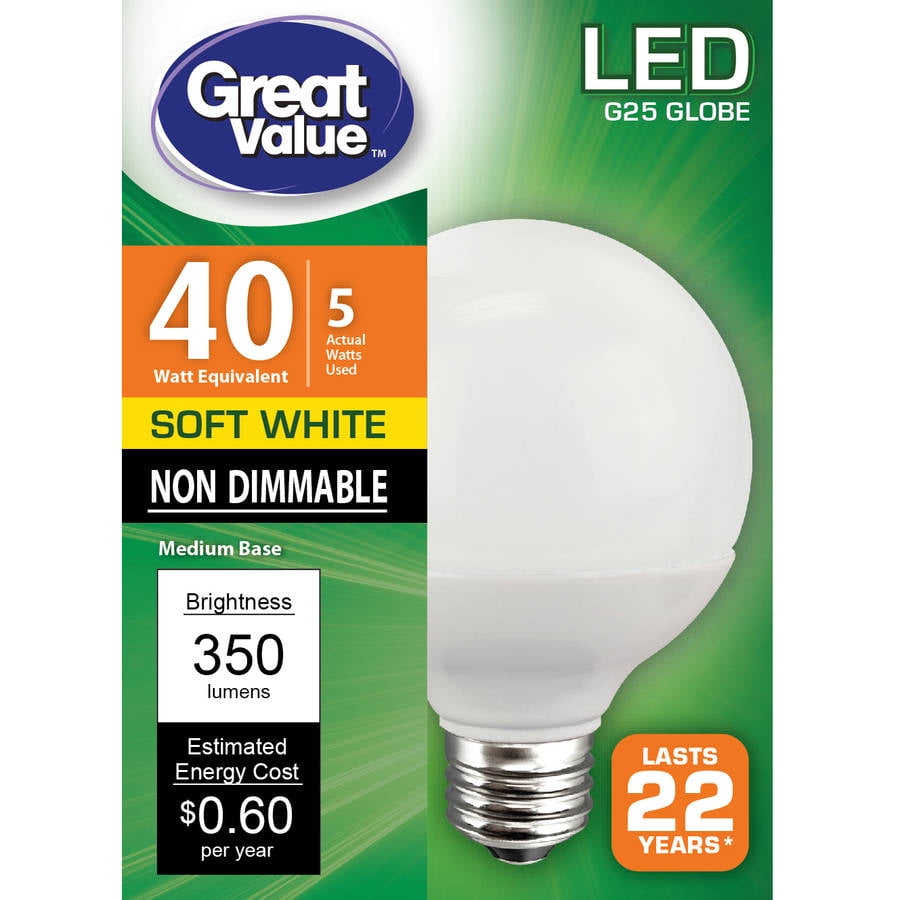 Great Value LED Light Bulb, 5W (40W Equivalent) G25 Lamp E26 Medium