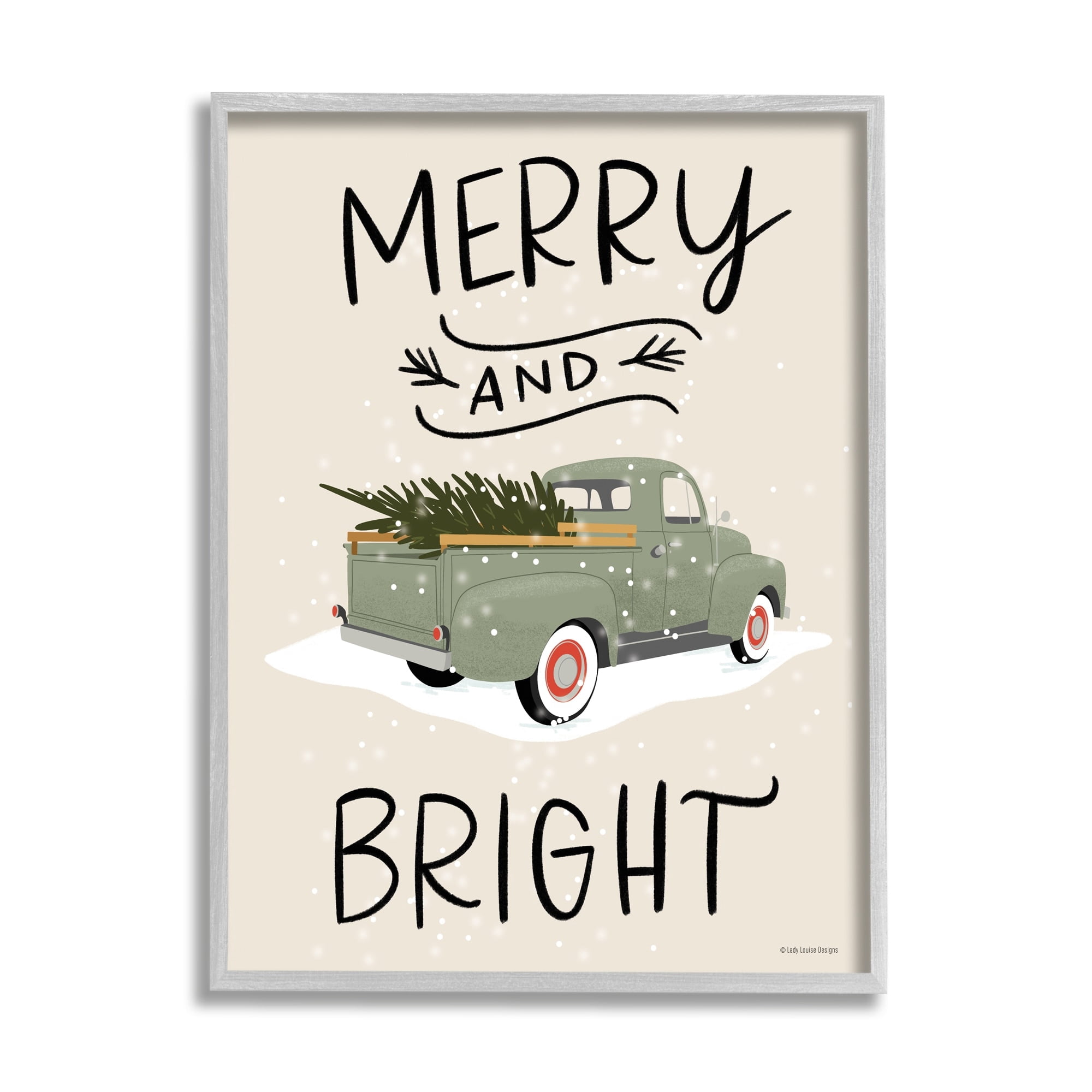 Merry And Bright Holiday Typography Fir Tree Truck Transportation Graphic Art Framed Art Print Wall Art