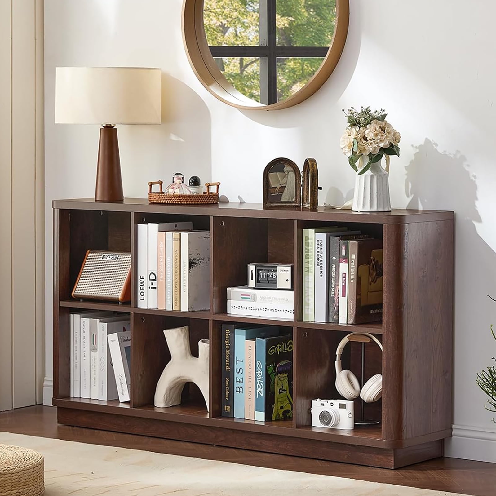 Joaxswe 52" Wood Horizontal 8-Cube Bookshelf, Farmhouse Long Bookcase, Low Wide Shelf for Under Window, Walnut, Office, Bedroom, Living Room