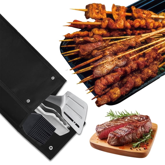 Barbecue Utensils Storage Bag | Heavy-Duty Oxford Cloth Grill Tool Organizer | Water-Repellent, Reinforced Seams | Spacious Folding Pouch with Handle | Fits Tongs, Spatulas 15.2x51cm | Black