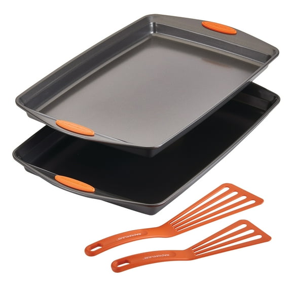 Rachael Ray Bakeware Cookie Pan and Utensil Set, 4-Piece, Orange Handles