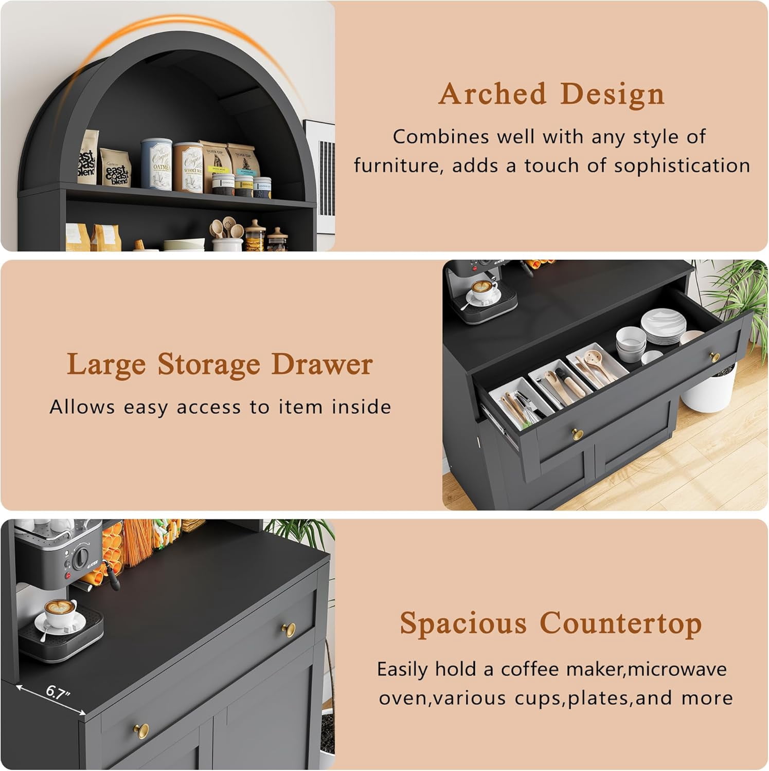 Akaber 71" Tall Arched Kitchen Pantry Cabinet, Modern Kitchen Storage Cabinets with Hidden Drawer and Spacious Countertop, Wooden Storage Pantry Cabinet for Living Room, Dining Room, Black