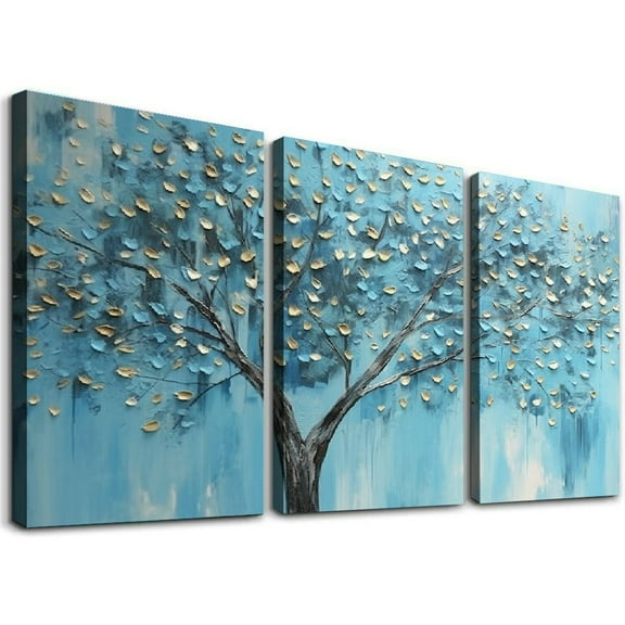 ONETECH Tree Wall Art Teal Blue Nature Tree of Life Abstract Canvas Painting Textured Picture, Modern Large Panoramic Landscape Artwork Framed 12''x16''X3 Panels