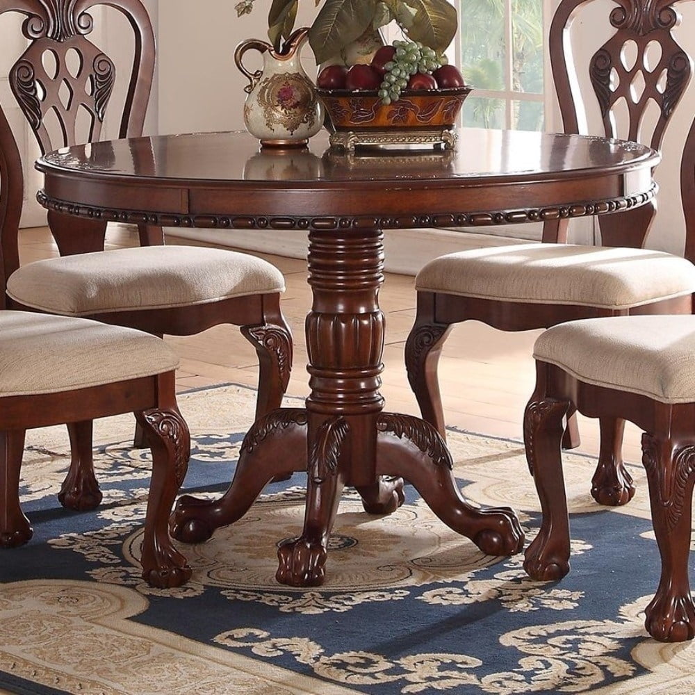 Benzara Rubber Wood Round Dining Table With Aesthetic Carvings Brown