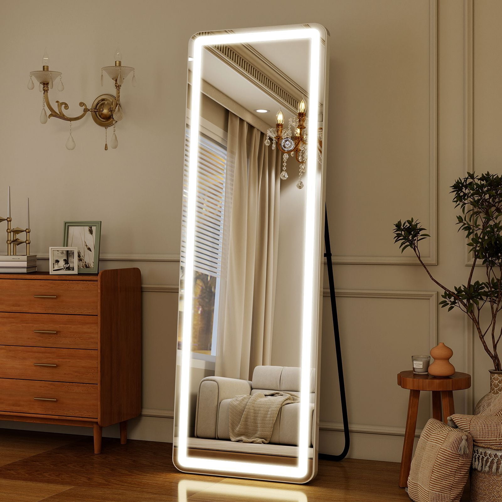 Easy4Home 60" x 16" LED Rectangular Full Length Mirror with Adjustable Lights Standing Mirror Wall Mounted, White