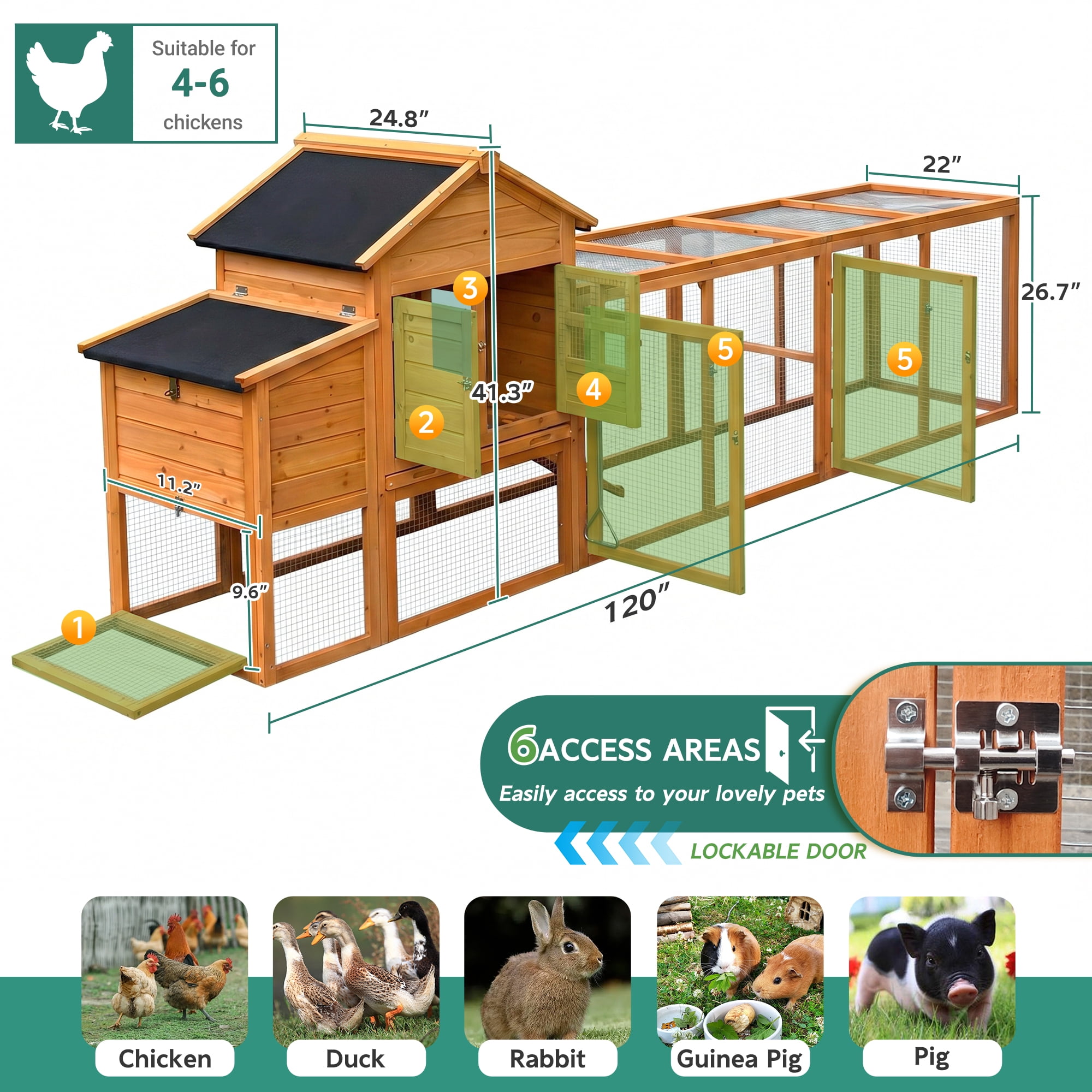 122" Large Chicken Coop with Run, Nest Box & Removable Tray, Weatherproof Wooden Hen House for 4-6 Chickens, Outdoor Poultry Cage