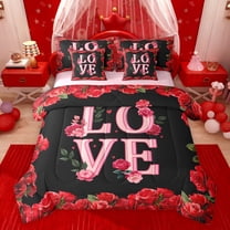 Castle Fairy Boys Girls Romantic Floral Red Rose Bedding Comforter Set 7 Pieces,Happy Valentine's Day Full Bedding Set Lightweight,Love Heart Print Fitted Sheet Flat Sheet,Luxury Bedroom Decor