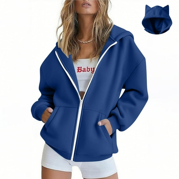Xdegoge Sweatshirts For Women Longsleeve Full Zip Cats Ear Hooded Sweatshirt With Pockets Casual Loose Fitting Top Fall Lightweight Jacket Fashion Daily Outfit
