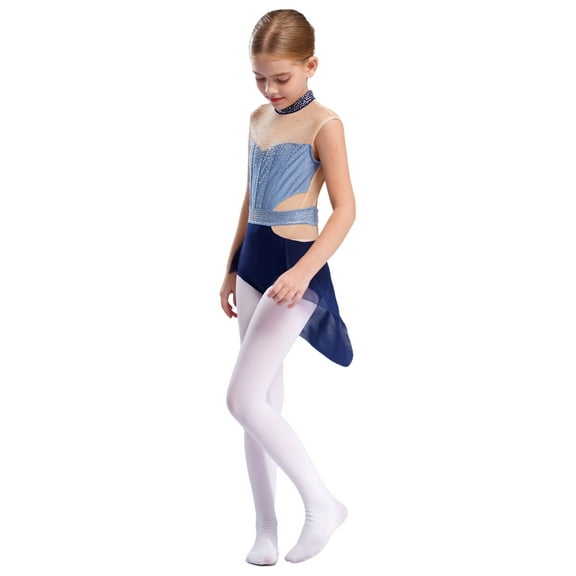 TTAO Kids Girls Rhinestone Sleeveless Gymnastics Skirted Leotard Modern Ballet Lyrical Dance Dress Dancewear Blue&Navy Blue 6