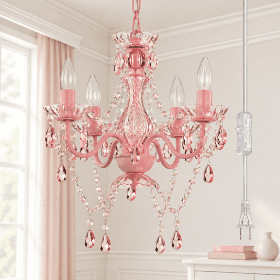 Plug in Chandelier 4-Light, Small Pink Acrylic Crystal Hanging Light with 20 ft Cord for Bedroom , Nursery
