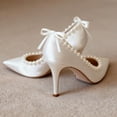 thumbnail image 2 of XYD Women Pearl Pumps Thin Mid Heels Elegant Pointed Toe Back Ribbon Bowknot Bridal Evening Shoes Size 5 White, 2 of 4