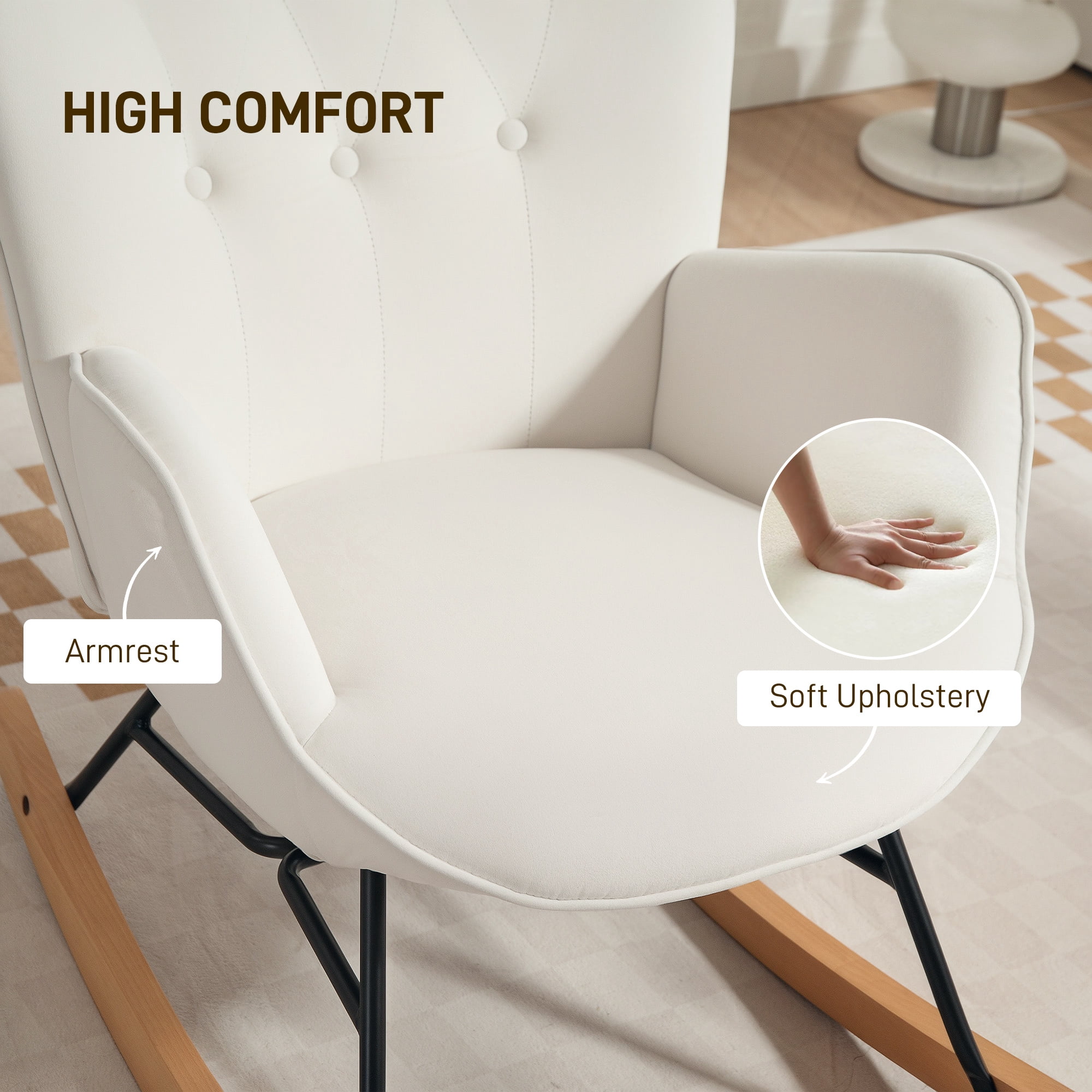 Segmart Velvet Rocking Chair with High-Density Foam Cushion, Upholstered Accent Chair with Wide Backrest, Gentle Rocking Motion, Cream Armchair for Living Room Bedroom Nursery