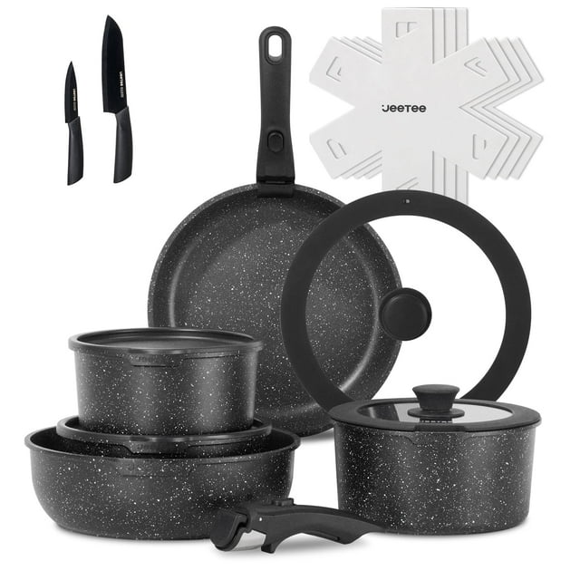 Juego de ollas y sartenes antiadherentes JEETEE de 17 piezas, con mango desmontable, para inducción, apilables para autocaravanas, aptos para horno, sin PFAS ni PFOA, color negro