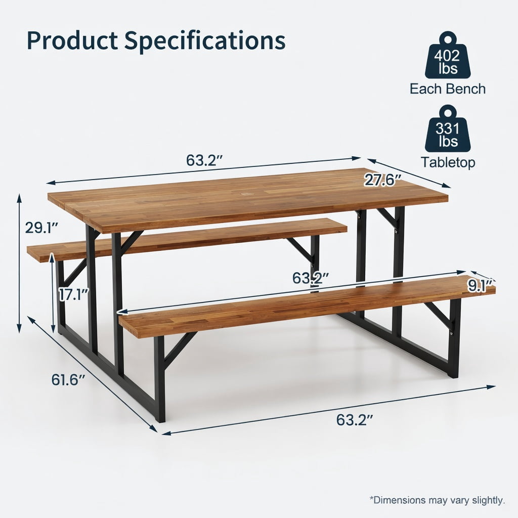 Hommoo 6-Person Acacia Wood Outdoor Picnic Table Set with Built-In Benches, Heavy-Duty Metal Frame, Umbrella Hole, Deck & Patio Ready, Brown & Black