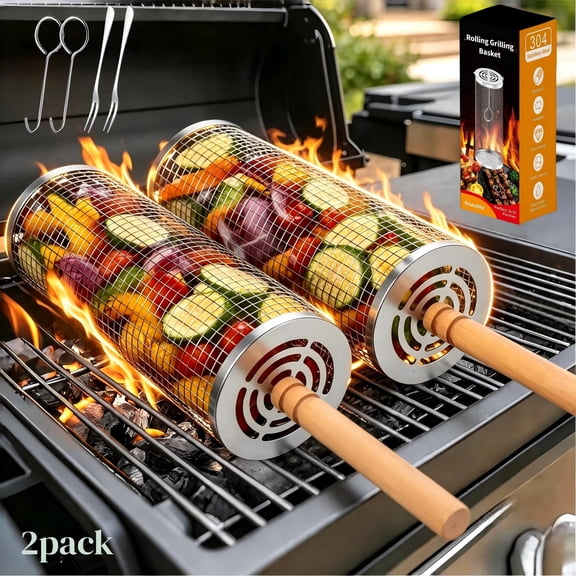 YUOFD Rolling Grill Basket, Removable Wooden Handle, 304 Stainless Steel Nesting BBQ Tools for Outdoor Camping, Smoker Grilling Accessories for Vegetable,Ideal Gifts for Dad Husband