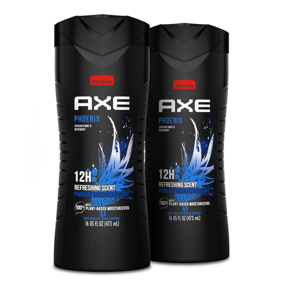 AXE Body Wash 12h Refreshing Scent Phoenix Crushed Mint & Rosemary Men's Body Wash with 100% Plant-Based Moisturizers, 16 fl oz Twin Pack