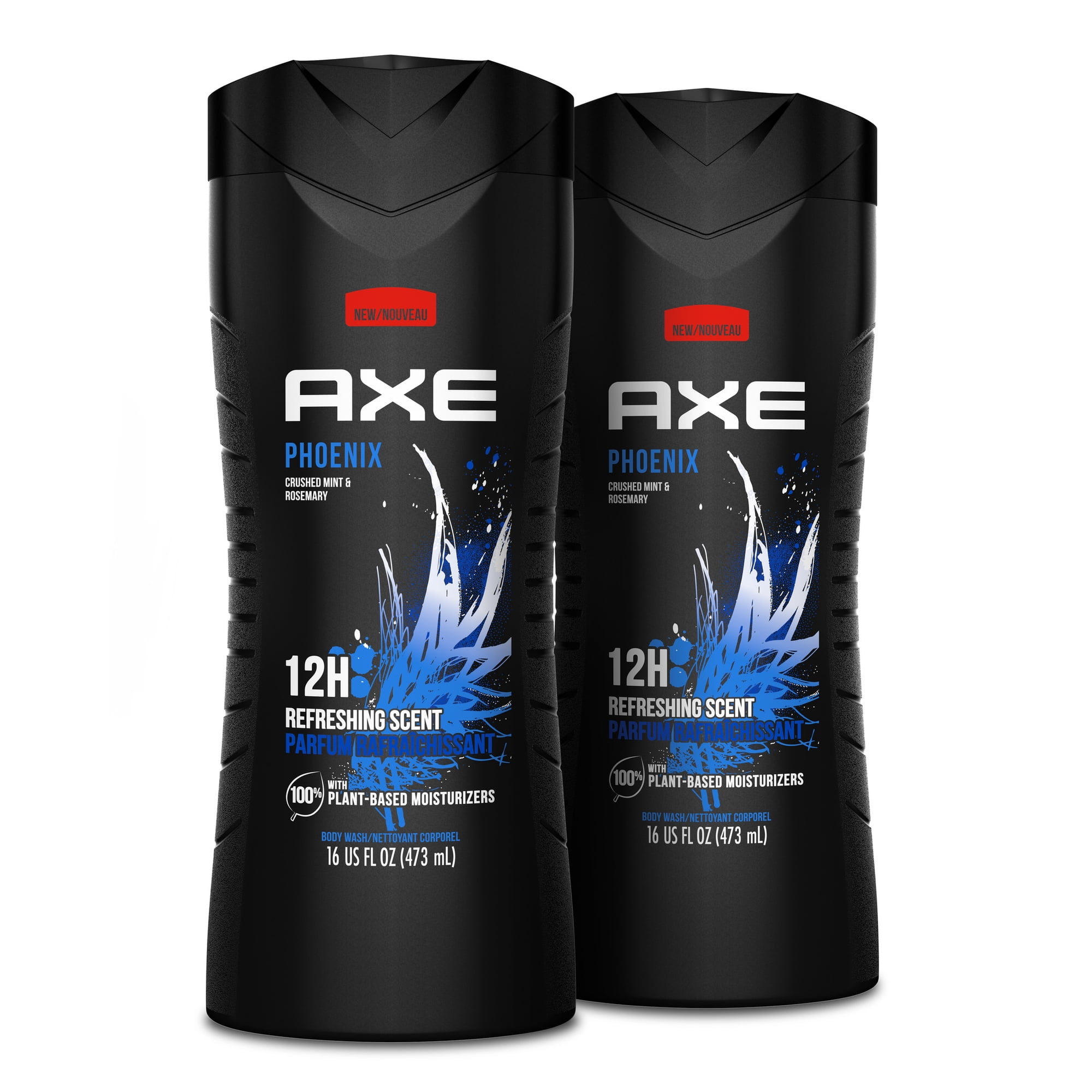 AXE Body Wash 12h Refreshing Scent Phoenix Crushed Mint & Rosemary Men's Body Wash with 100% Plant-Based Moisturizers, 16 fl oz Twin Pack