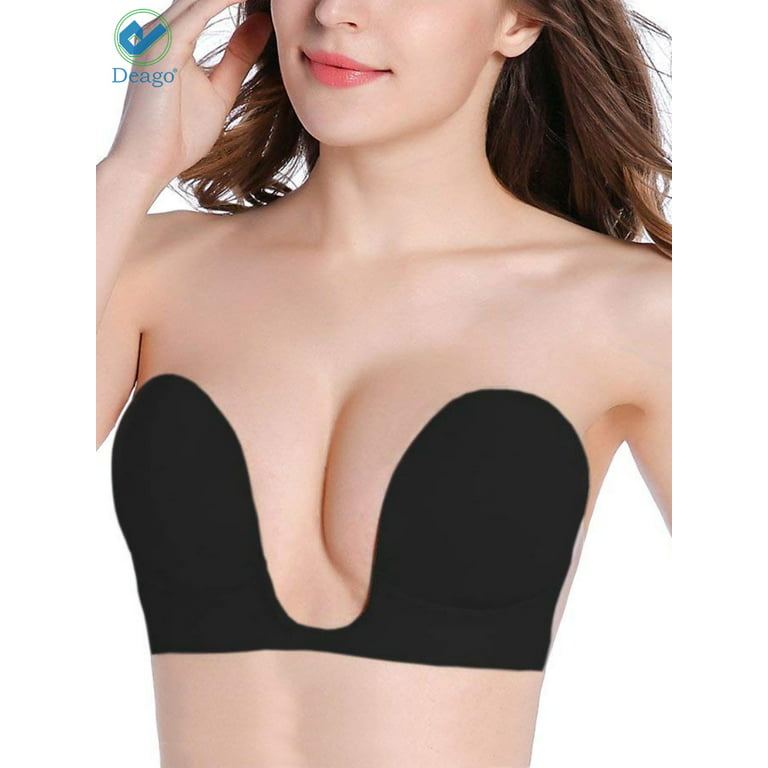 Deago Women's Strapless Sticky Bra Self Adhesive Invisible Bra Backless  Push up Bra Reusable Silicone Deep U Plunge Bra