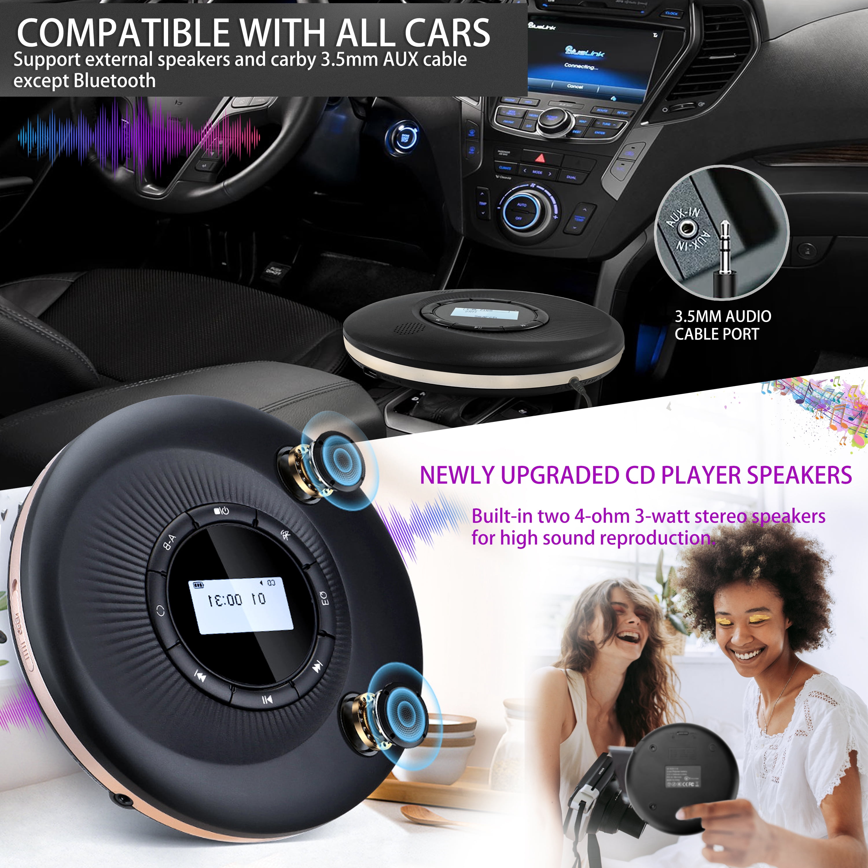 CCHKFEI Portable Bluetooth 1500mAh Rechargeable CD Player,   Portable  CD Player  with Speakers