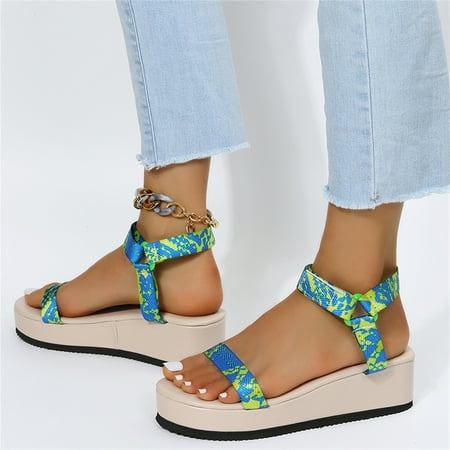 

Ladies Fashion Summer Canvas Colorful Tie Dye Round Toe Wedge Platform Sandals