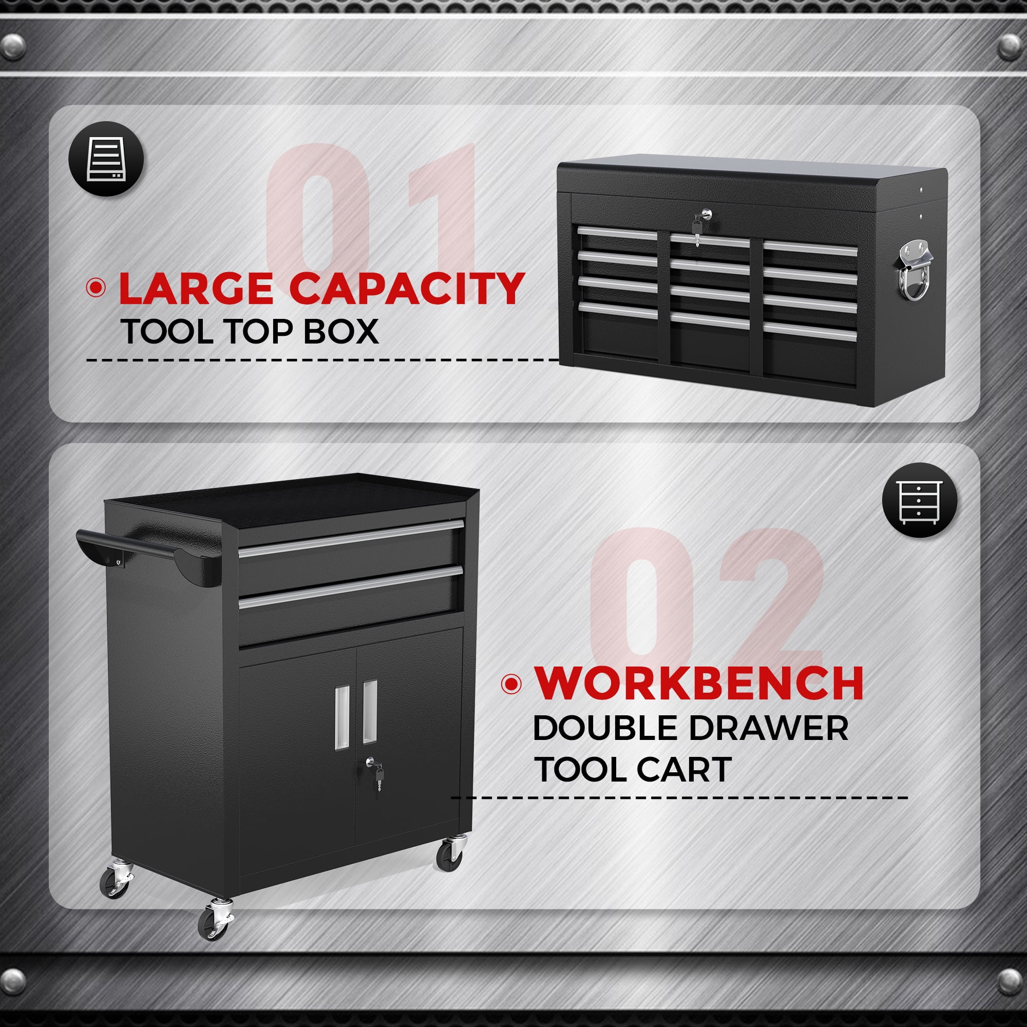 SUNCROWN 2-IN-1 Tool Box, 8-Drawer Rolling Tool Chest with Drawers on Wheels ,Metal Storage Detachable Top Tool Box with Lockable Wheels and Hooks for Garage, Workshop, Art Studio(Black)