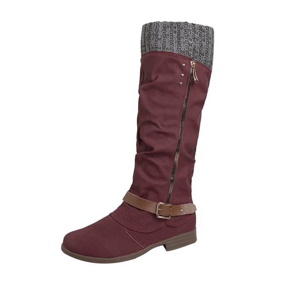 Xfvqtps Womens Fashion Boots Winter Knee High Leather Riding Boots Low Heel Comfortable with Side Zipper Knit Cuff Ankle Boots for Women