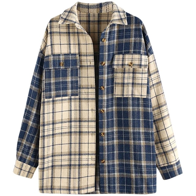 Women's Plaid Long Sleeve Button Down Wool Blend Shirt Jacket Blouse
