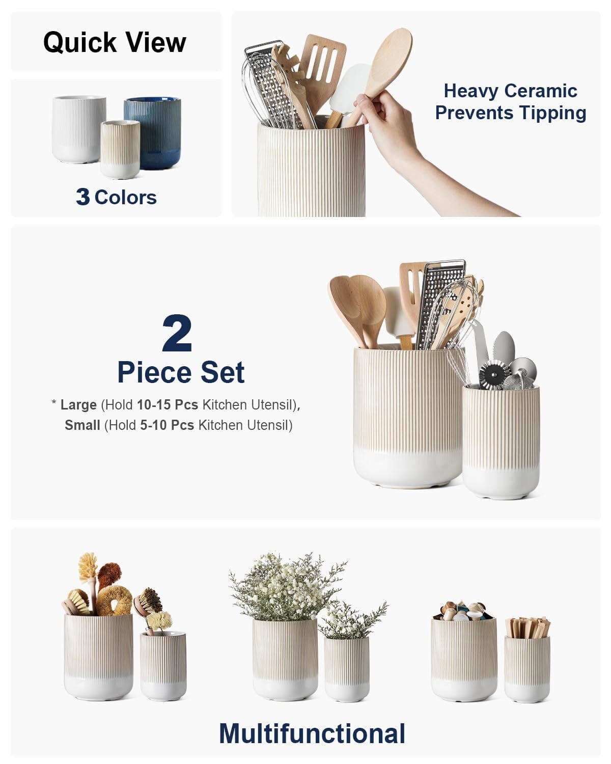 LE TAUCI 7.3"+5.4" Ceramic Utensil Holders, 2-Pack Kitchen Utensil Crock for Countertop & Kitchen Counter, Reactive Glaze Arctic White