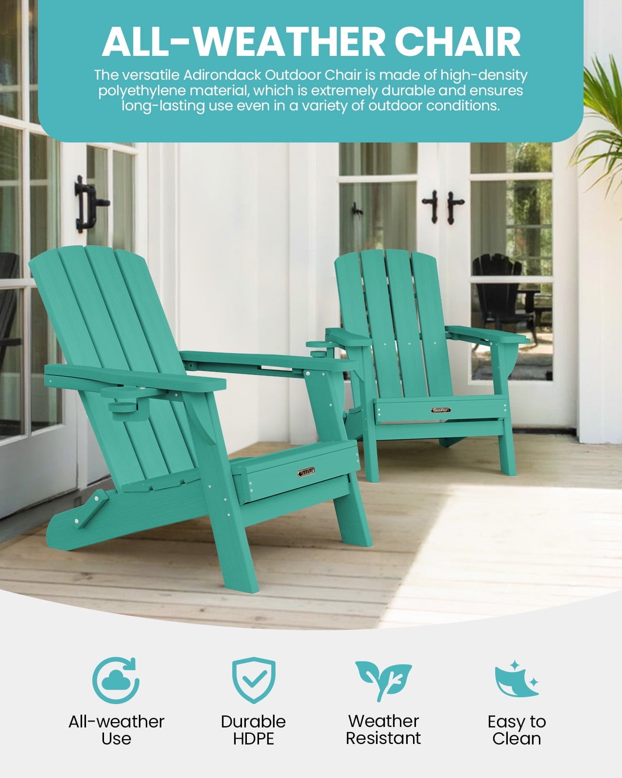 Folding Adirondack Chair, HDPE All-Weather Lawn Chair with 2 Cup Holder, Patio Garden Outdoors Fire Pit, Aqua