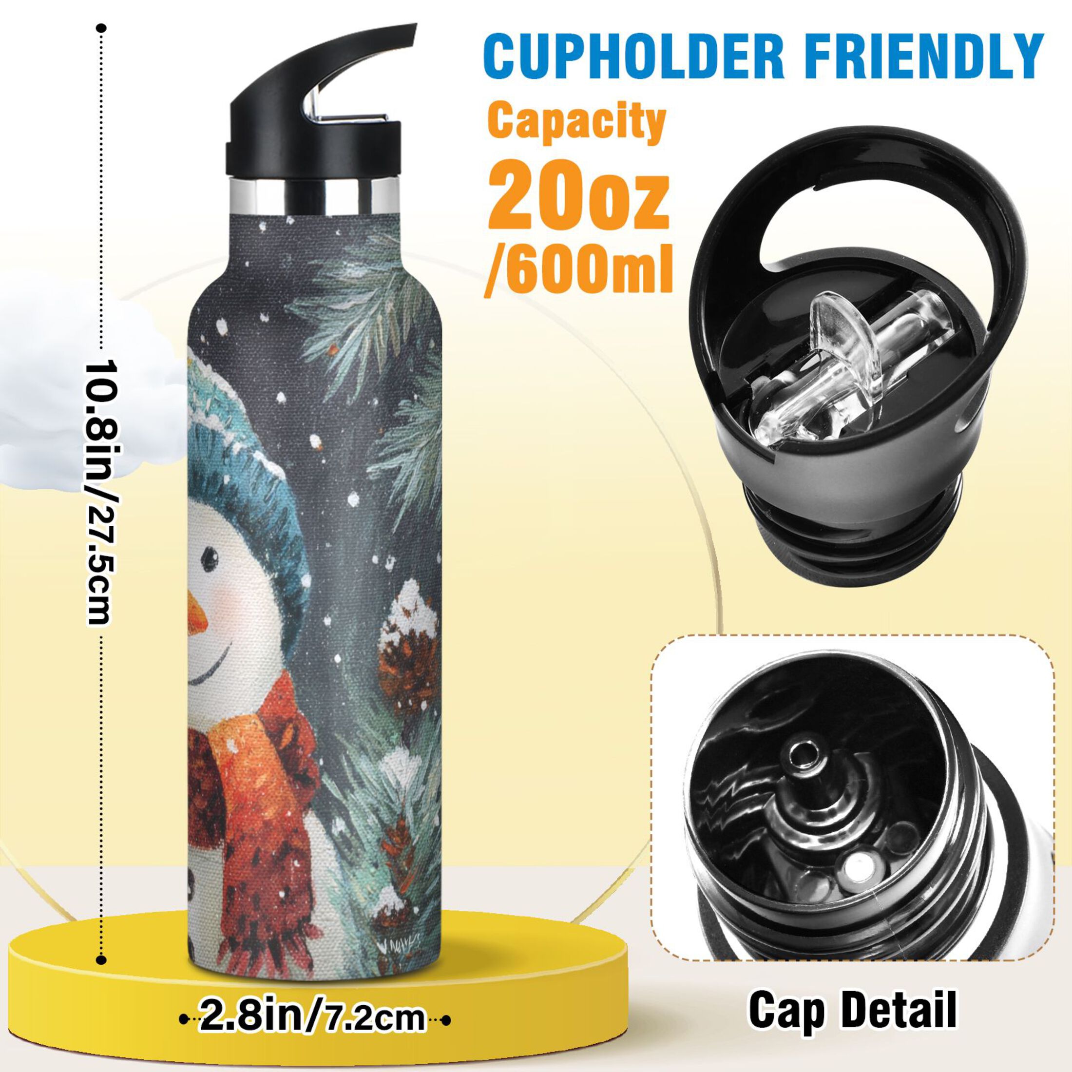 600ML Stainless Steel Insulated Cup Sports Water Bottle Portable Thermos Cup Water Glasses Insulated Tumblers Convenient and Durable Cartoon Christmas Snowman Beautiful